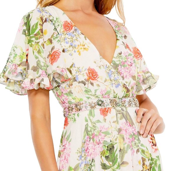 NWT MAC DUGGAL FLORAL PRINT FAUX WRAP FLUTTER SLEEVE A-LINE GOWN  9079 - Picture 4 of 9